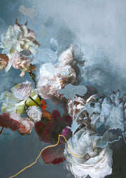 Floral still life in blue-grey and blush with peonies, roses and a thin gold line.