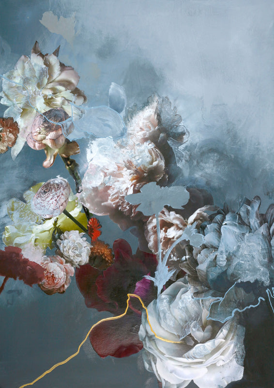 Floral still life in blue-grey and blush with peonies, roses and a thin gold line.