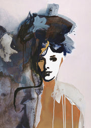 Expressive painted portrait of a woman in navy, black, white and ochre tones