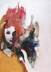 Painterly portrait of a woman's profile with magenta crown-like brushwork and a shadowed second face