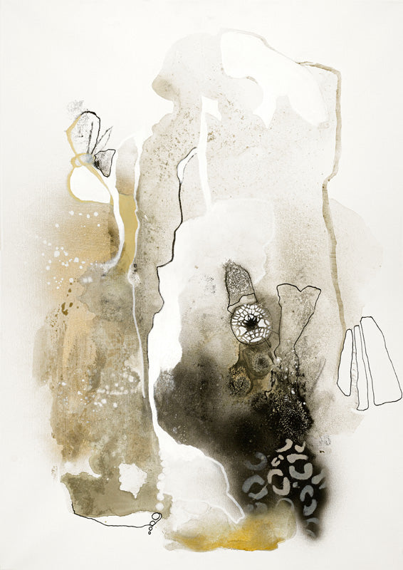 Abstract artwork with beige and gold washes, ink line drawing and leopard spot pattern