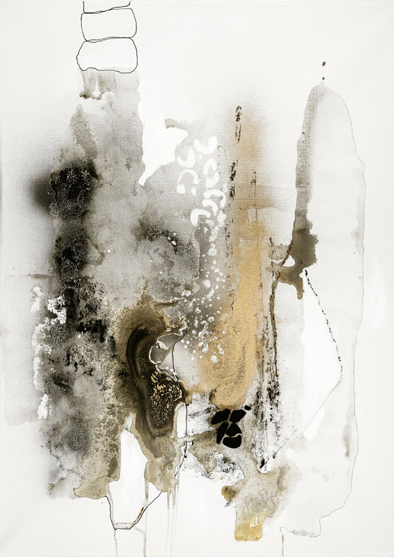 Abstract ink wash artwork in grey, black and ochre with fine line sketches and splatter texture