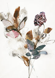 Botanical collage of skeletal leaves, dried foliage and a painted flower on white background