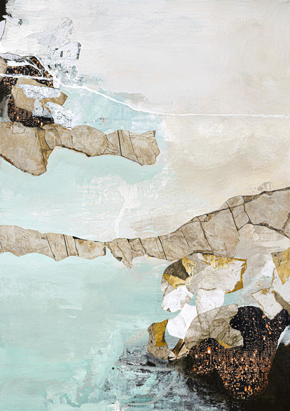Abstract collage artwork with fractured stone shapes, pale blue tones and gold leaf accents