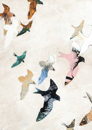 Bird silhouettes in varied colours and patterns fly across a textured off-white background