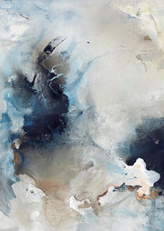 Abstract ink wash artwork with dark indigo forms on a pale beige and grey background