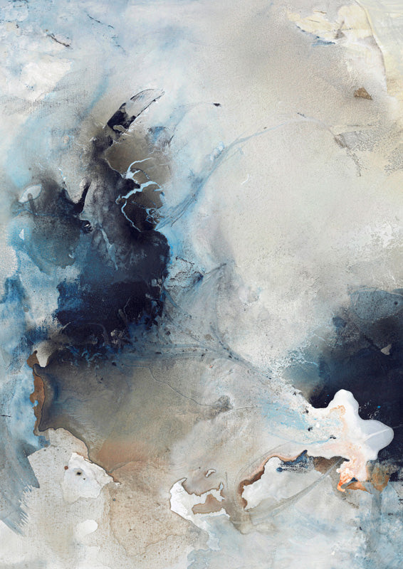 Abstract ink wash artwork with dark indigo forms on a pale beige and grey background