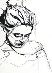 Line drawing of a woman's downcast face and shoulder in black ink on white background