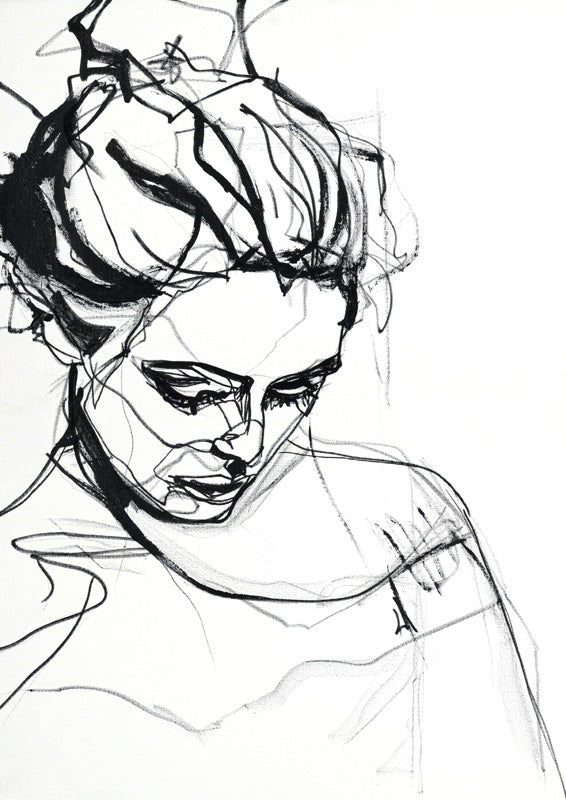 Line drawing of a woman's downcast face and shoulder in black ink on white background