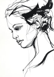 Line drawing of a woman's profile with gestural black ink hair on white background