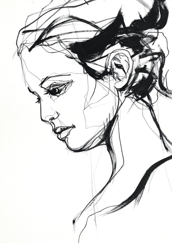 Line drawing of a woman's profile with gestural black ink hair on white background