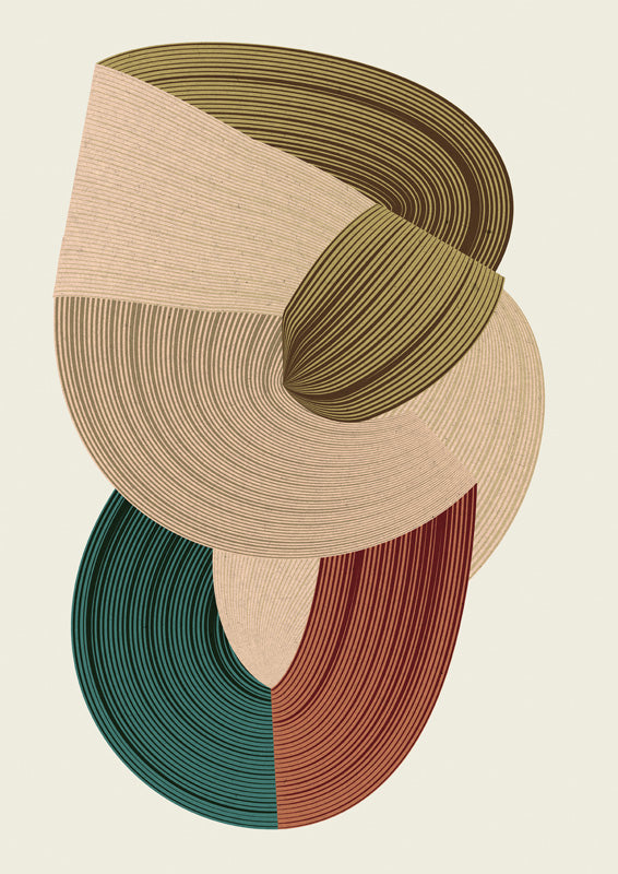 Abstract graphic print of overlapping curved shapes in olive, terracotta, teal and burgundy line patterns