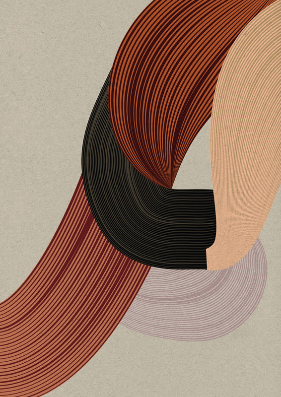Abstract print of intertwined ribbon-like bands in rust, black, beige and mauve on a grey background