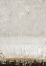 Abstract artwork with textured cream plaster tones, a thin gold line and dark charcoal band at the base