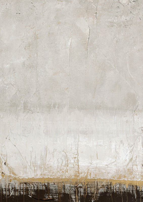 Abstract artwork with textured cream plaster tones, a thin gold line and dark charcoal band at the base
