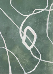 Abstract painting of looping white lines over a textured sage green background