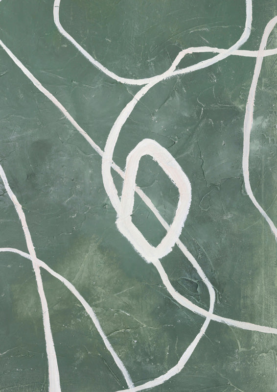 Abstract painting of looping white lines over a textured sage green background
