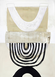 Abstract painting of stacked arches and curved striped forms in beige, cream, black and white