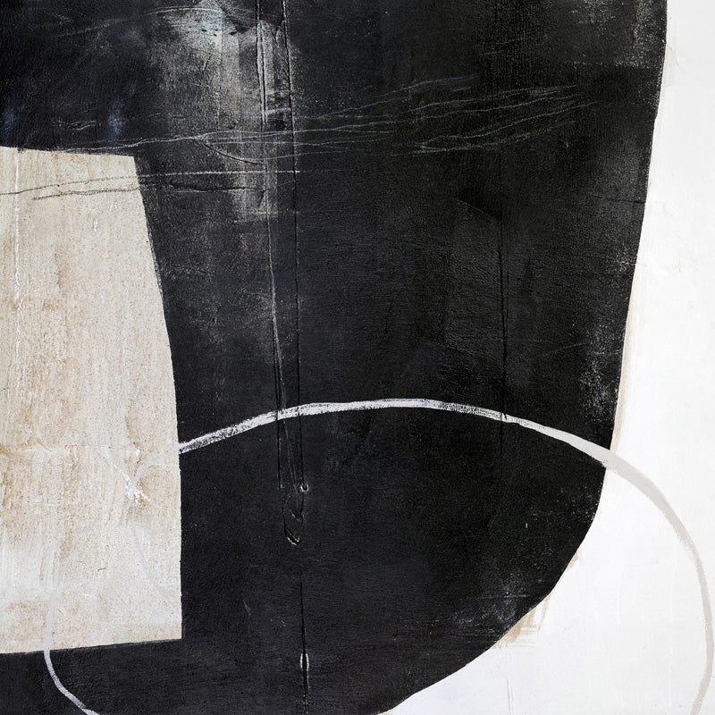 Abstract black and cream artwork with scratched texture and a curved white line