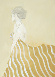Woman in profile draped in gold and white striped fabric against cream background.