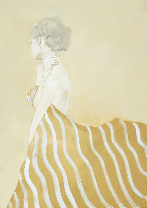 Woman in profile draped in gold and white striped fabric against cream background.