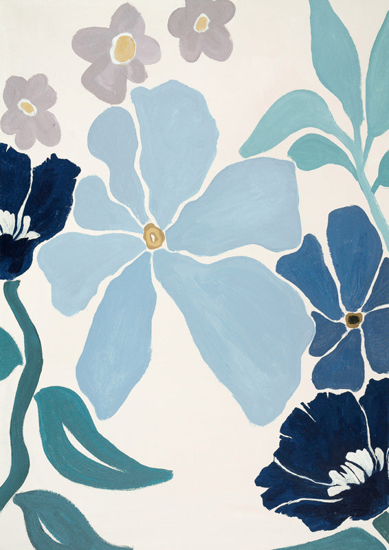 Painted florals in blue, navy and mauve with teal leaves on a cream background