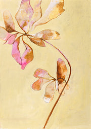 Painterly botanical illustration of a stem with pink and gold seed pods on a pale yellow background