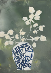 Painting of a blue and white patterned vase with cream leaf branches on a sage green background