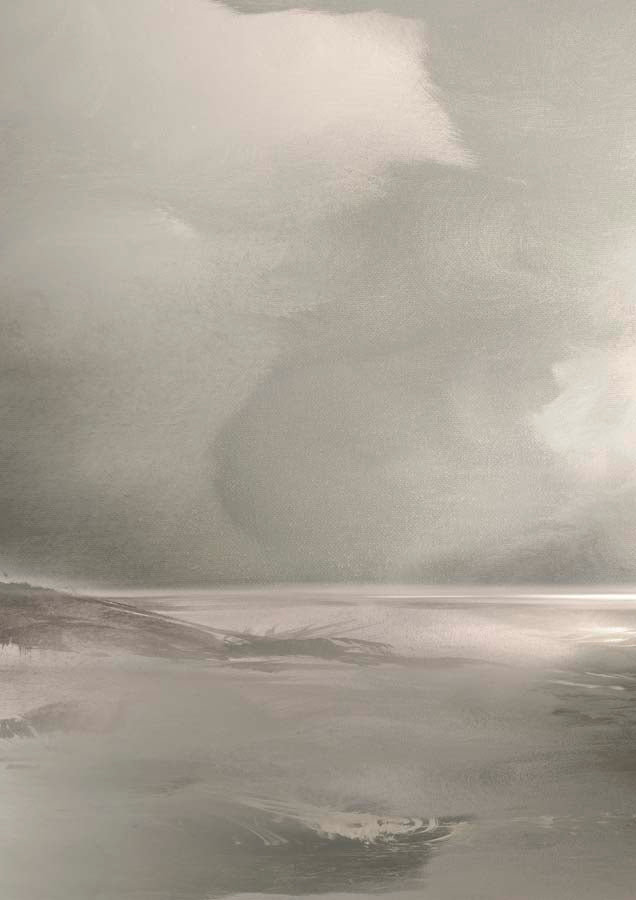 Abstract monochrome gray coastal landscape with soft misty horizon and blended brushwork