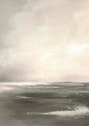 Muted grey seascape painting with soft horizon and textured brushwork waves