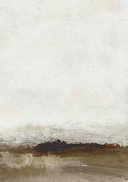 Abstract landscape print with a textured white sky and earthy ochre foreground by Dan Hobday