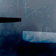 Abstract artwork in dark blue tones with faint sketched lines, a black wedge and a pale rectangle