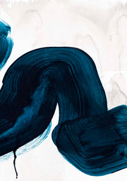 Thick navy blue brushstrokes curving across a pale textured background