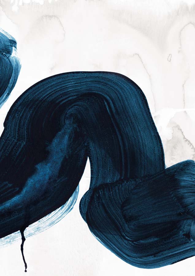 Thick navy blue brushstrokes curving across a pale textured background