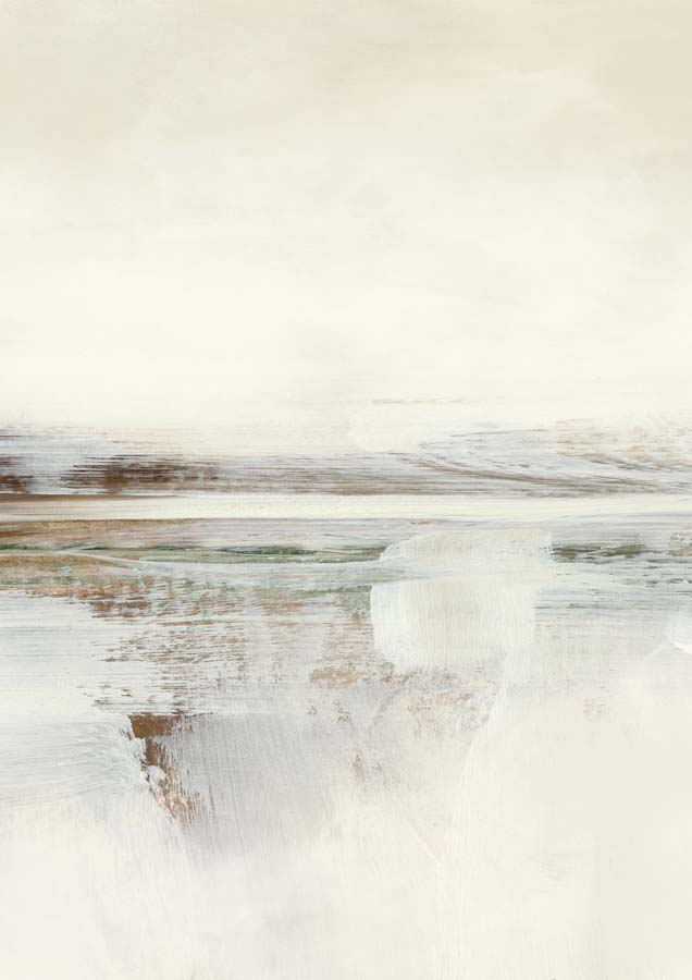 Abstract landscape artwork with horizontal bands in cream, taupe and soft sage tones