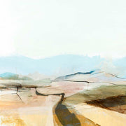 Abstract landscape painting with muted fields and hazy horizon by Dan Hobday