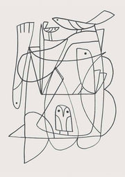 Line drawing of abstract bird and owl shapes on a pale background