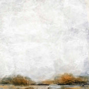 Abstract landscape with pale grey sky and textured ochre, olive horizon line