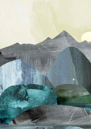 Abstract landscape print with layered mountain shapes in muted teal, grey and olive tones