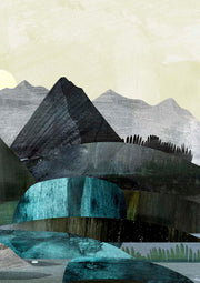 Abstract geometric landscape with layered mountains in grey and teal under a pale sky