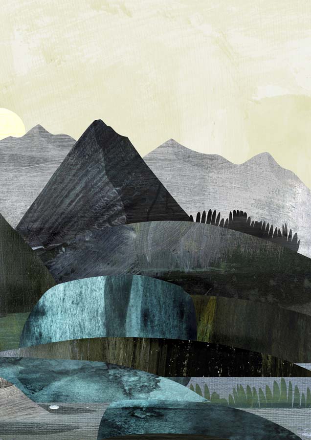 Abstract geometric landscape with layered mountains in grey and teal under a pale sky