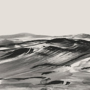 Monochrome abstract landscape of sweeping black ink brushstrokes on pale cream ground