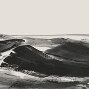 Monochrome abstract landscape print with bold black brushstroke dunes under a pale sky