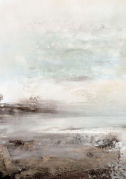 Abstract painting with soft neutral tones and a textured, shoreline-like horizontal band.