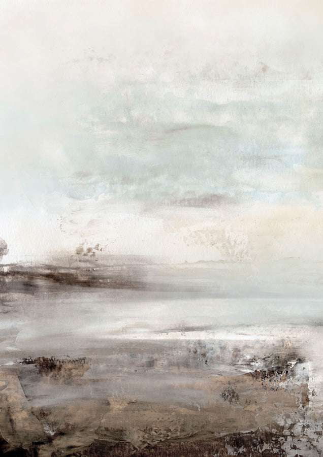 Abstract painting with soft neutral tones and a textured, shoreline-like horizontal band.