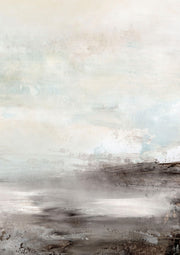 Abstract painting of a pale sky over a dark, textured horizon in muted blue-grey and charcoal tones