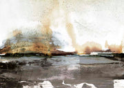Abstract watercolour landscape in ochre and charcoal tones with a horizon line