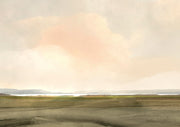 Soft pastel landscape print with peach cloud, olive fields, thin horizon and distant water line.