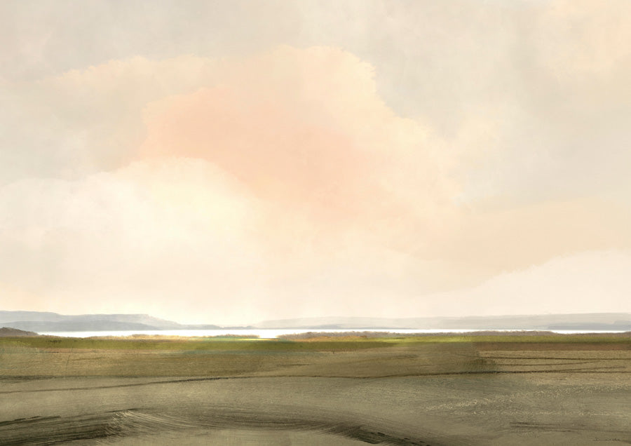 Soft pastel landscape print with peach cloud, olive fields, thin horizon and distant water line.