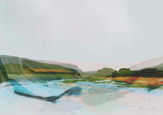 Abstract landscape artwork of an estuary in muted green, ochre and teal tones